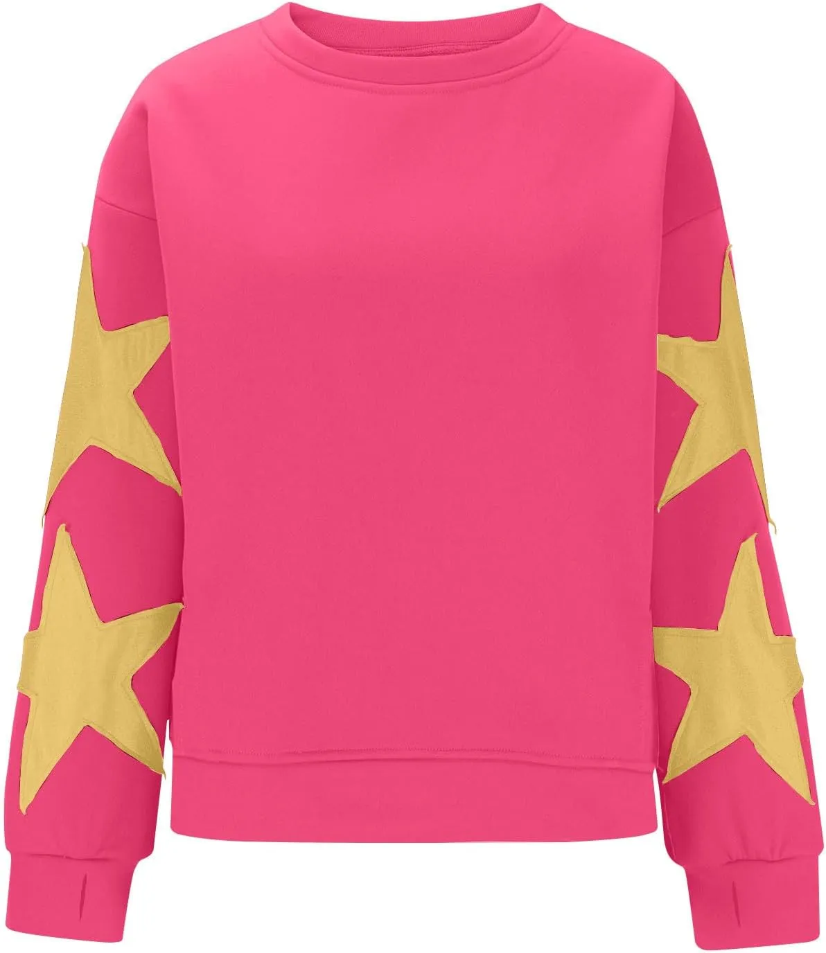 Women's Casual Loose Color Matching Round Neck Long Sleeved T-shirt Loose Top Long Sleeved Round Neck Star Tops