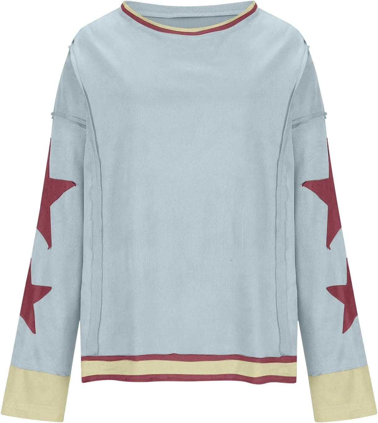 Women's Casual Loose Color Matching Round Neck Long Sleeved T-shirt Loose Top Long Sleeved Round Neck Star Tops