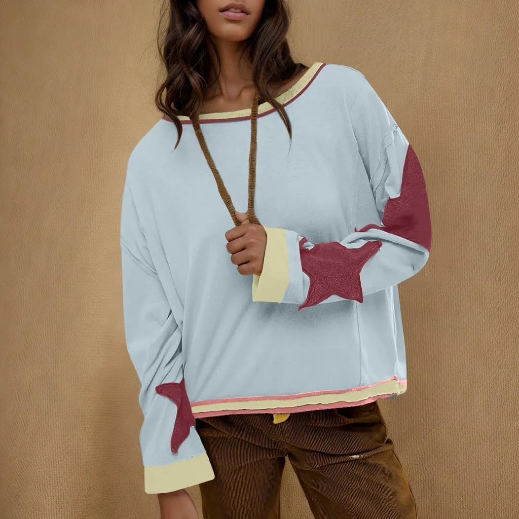 Women's Casual Loose Color Matching Round Neck Long Sleeved T-shirt Loose Top Long Sleeved Round Neck Star Tops
