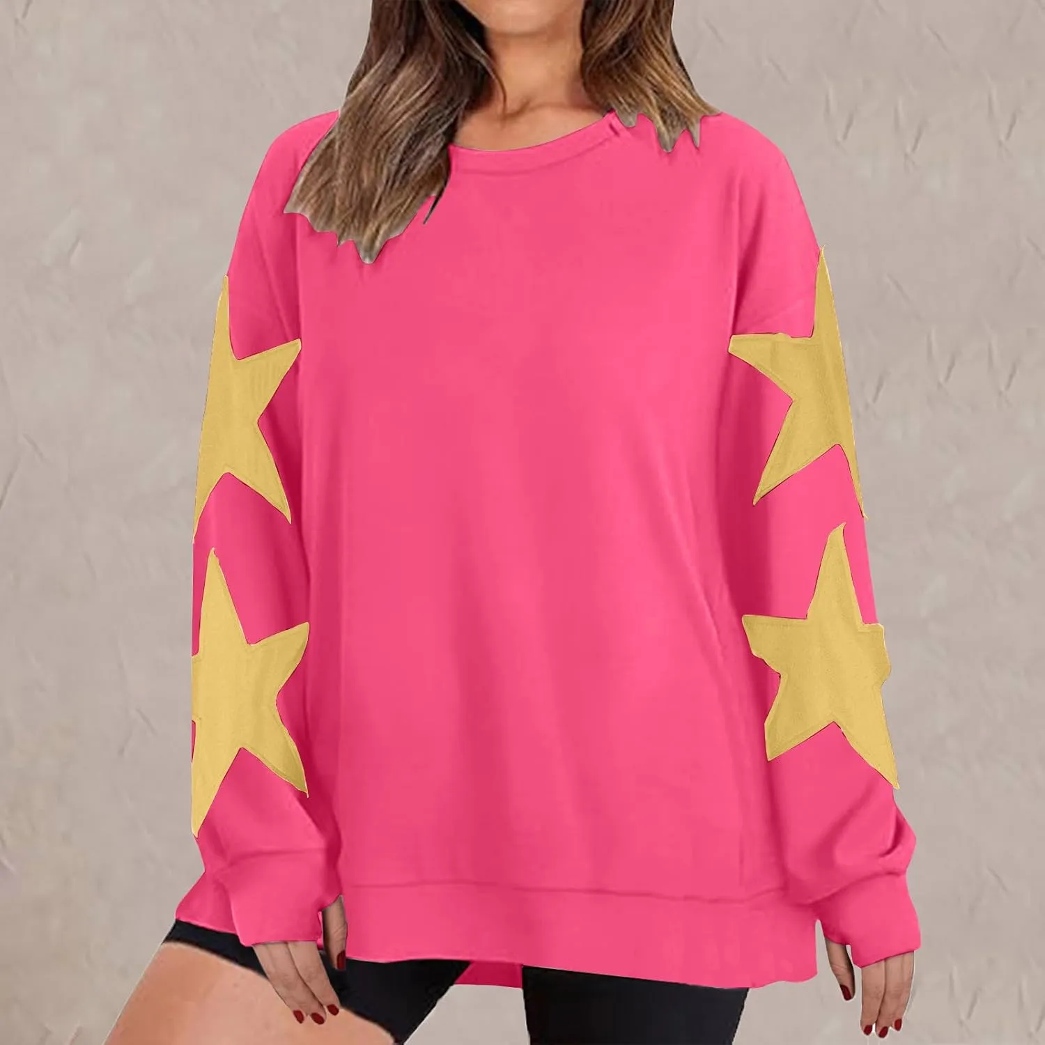 Women's Casual Loose Color Matching Round Neck Long Sleeved T-shirt Loose Top Long Sleeved Round Neck Star Tops