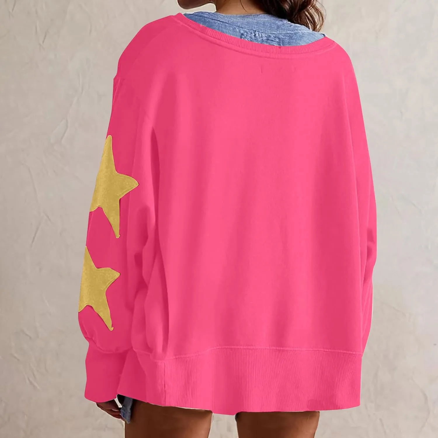 Women's Casual Loose Color Matching Round Neck Long Sleeved T-shirt Loose Top Long Sleeved Round Neck Star Tops