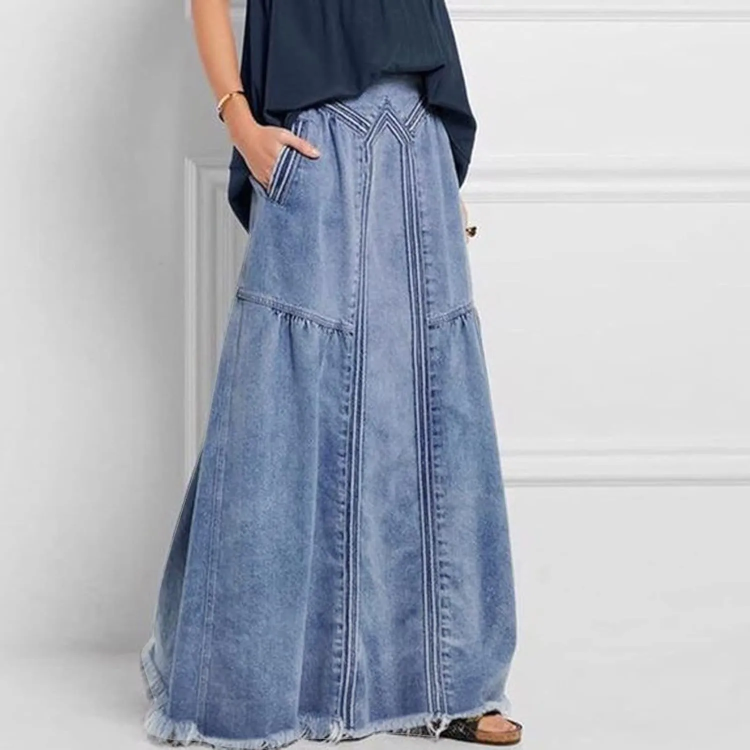 Women's Casual Skirts Women Fashion Denim Pencil Skirt High Waisted Blow Knee Blue Jeans Skirts Plaid Skirt for