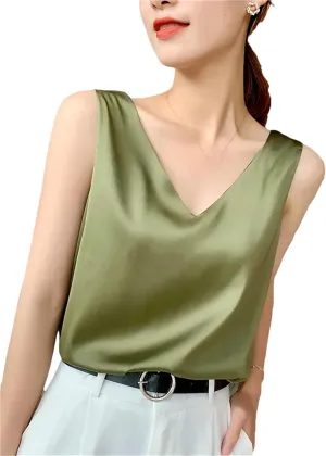 Women's Casual V-Neck Ice Silk Satin Camisole Tops Summer Sleeveless Solid Blouse Vest