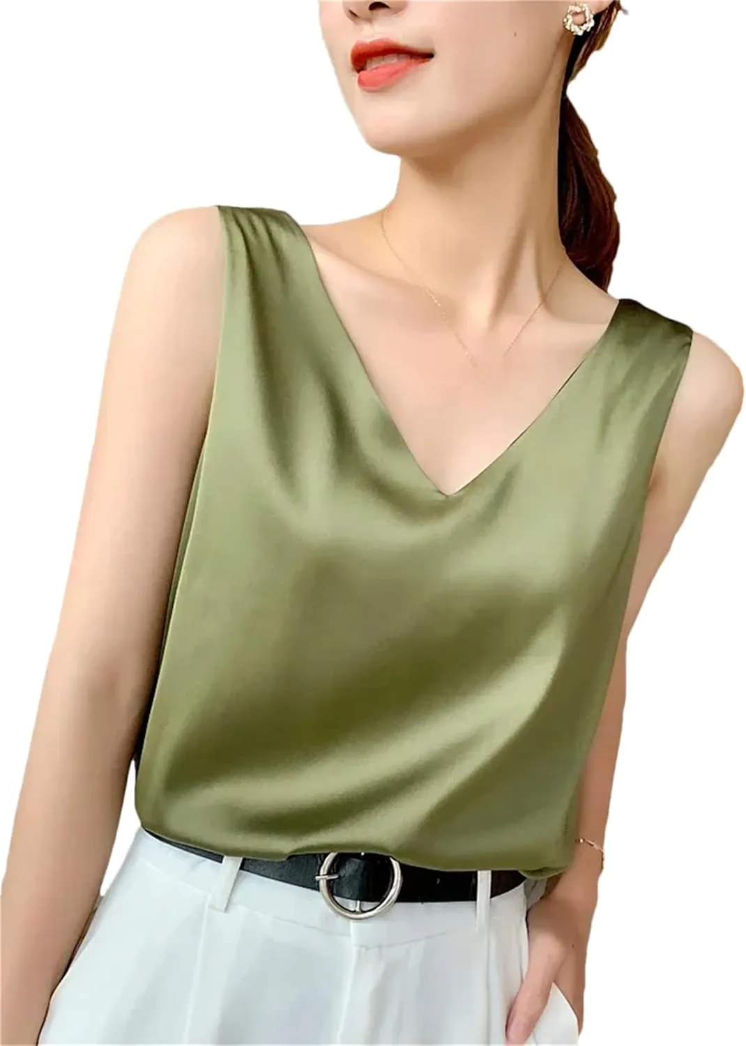Women's Casual V-Neck Ice Silk Satin Camisole Tops Summer Sleeveless Solid Blouse Vest