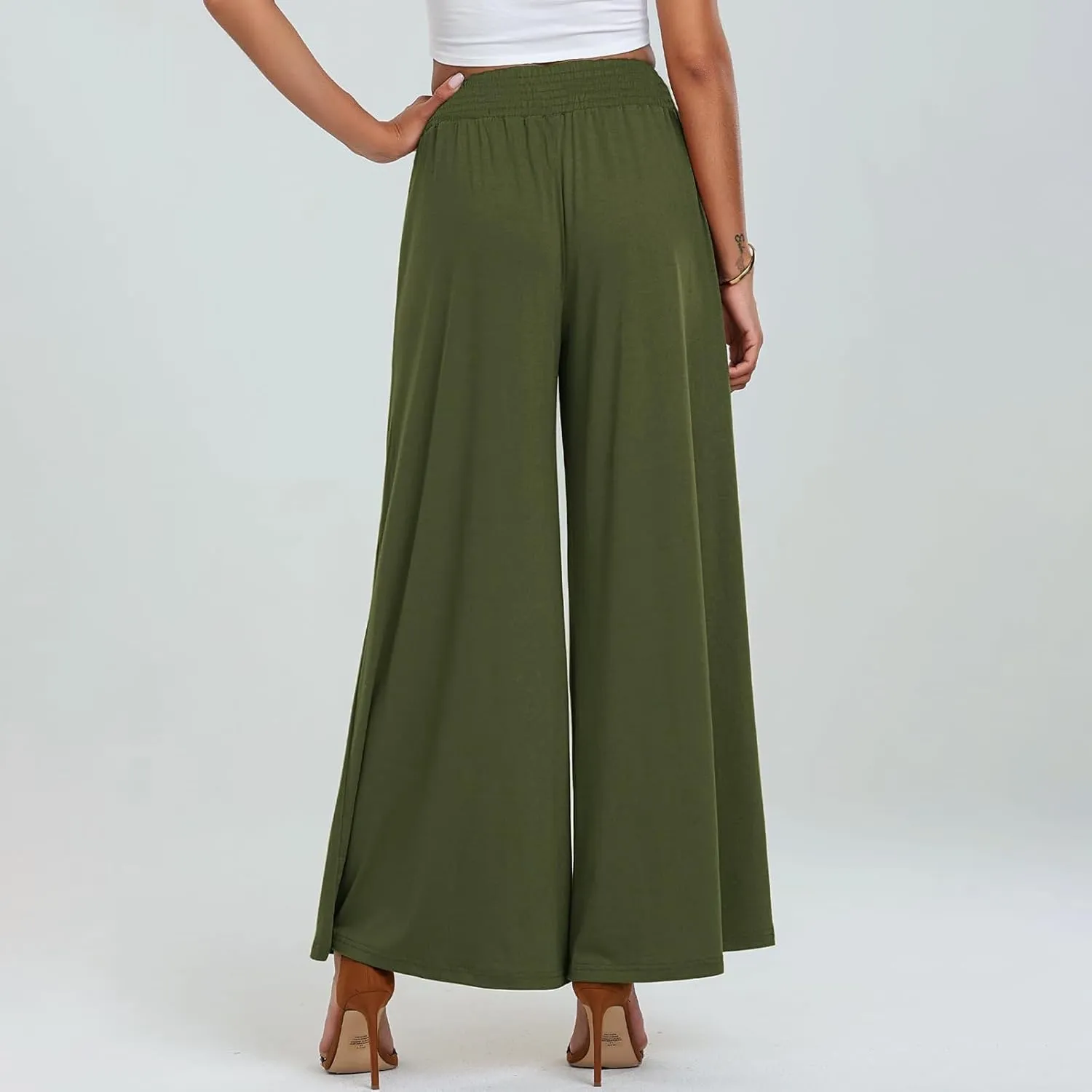 Women's Casual Wide Leg Pants Elastic High Waist Loose Lounge Pant Baggy Flowy Trouser with Pockets