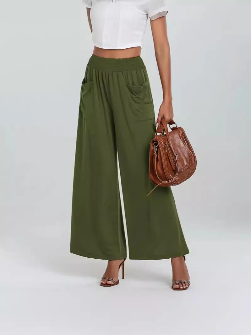 Women's Casual Wide Leg Pants Elastic High Waist Loose Lounge Pant Baggy Flowy Trouser with Pockets