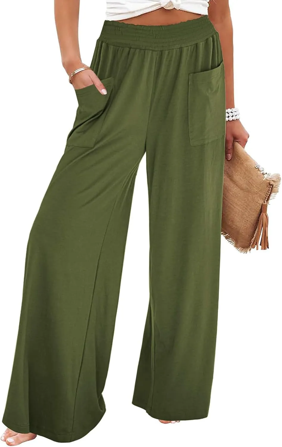 Women's Casual Wide Leg Pants Elastic High Waist Loose Lounge Pant Baggy Flowy Trouser with Pockets