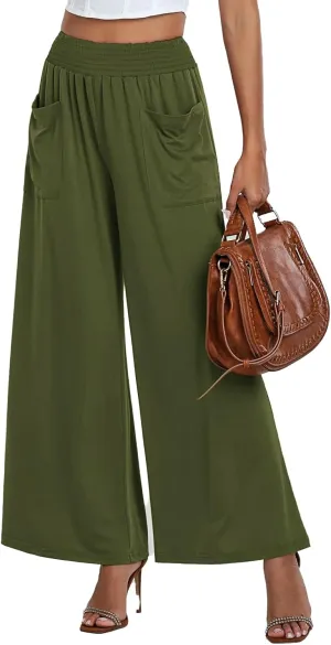 Women's Casual Wide Leg Pants Elastic High Waist Loose Lounge Pant Baggy Flowy Trouser with Pockets