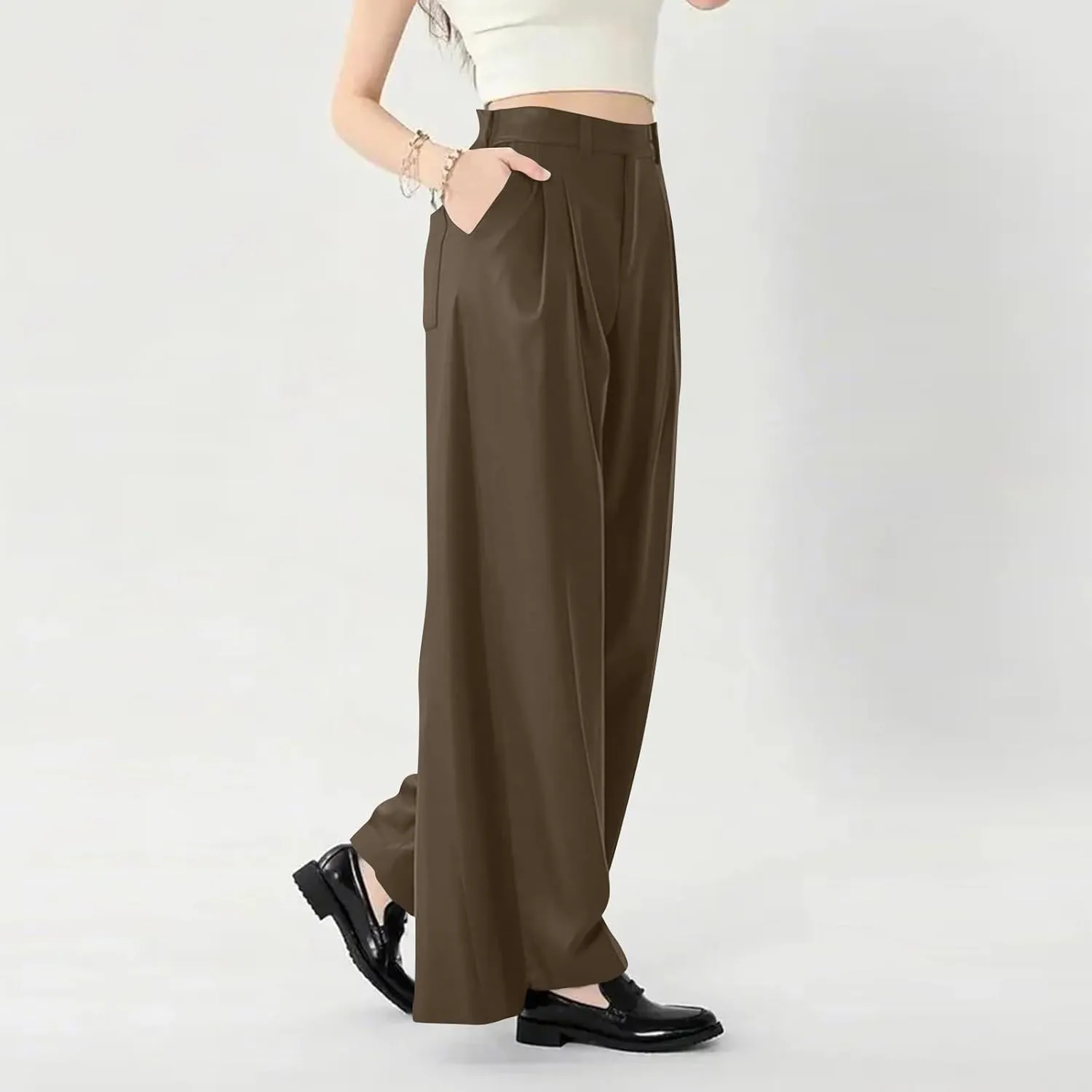 Women's Chiffon Flowy Pleated Wide Leg Pants High Waisted Dressy Trousers with Pockets