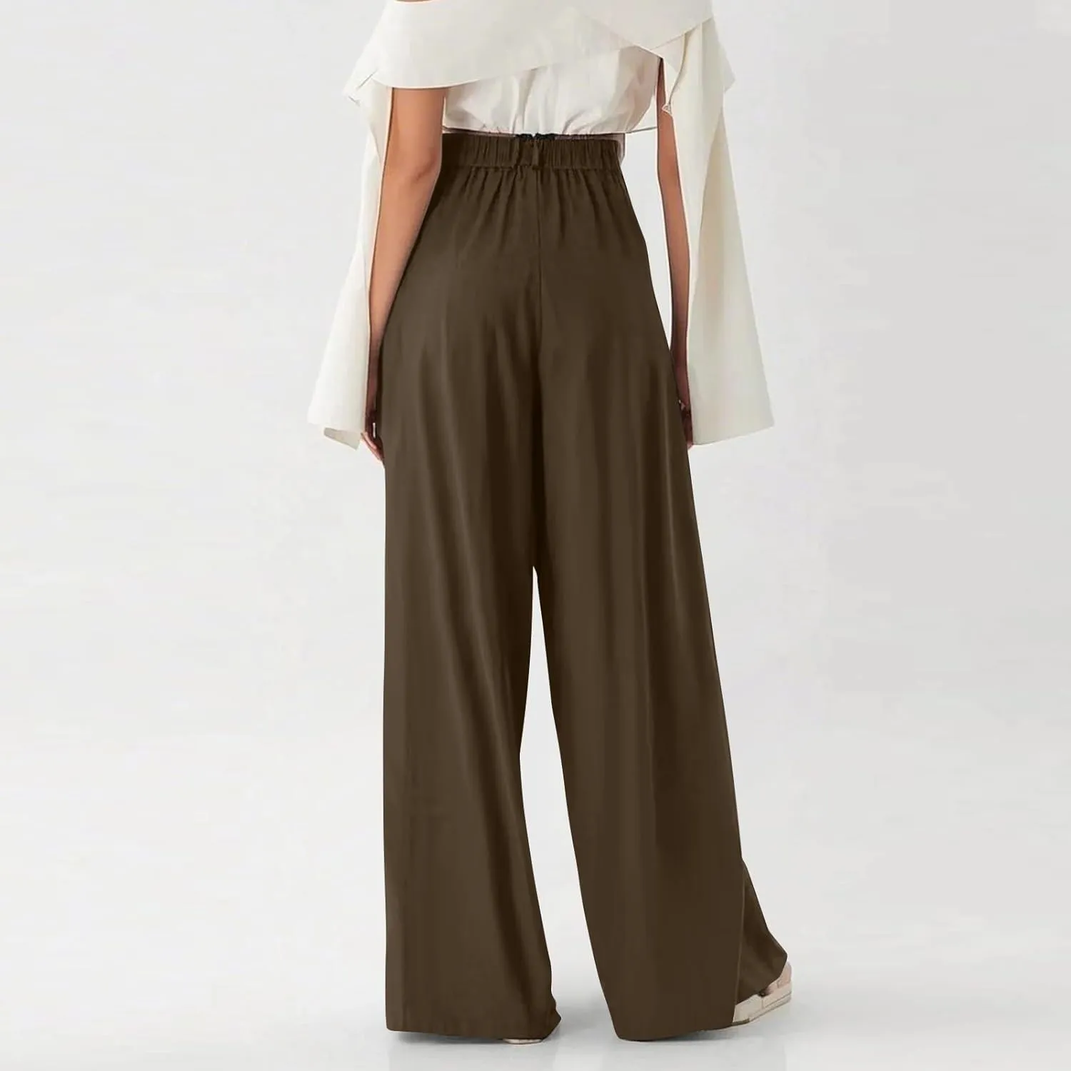 Women's Chiffon Flowy Pleated Wide Leg Pants High Waisted Dressy Trousers with Pockets