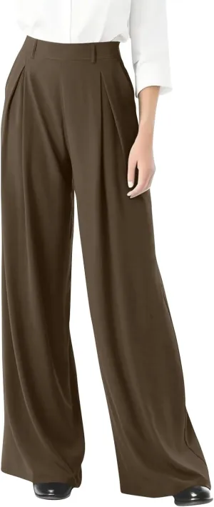 Women's Chiffon Flowy Pleated Wide Leg Pants High Waisted Dressy Trousers with Pockets