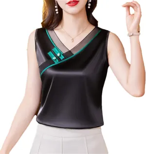 Women's Chinese Style Tank Top Spring Summer Silk Satin Vest V Neck Sleeveless Camisole
