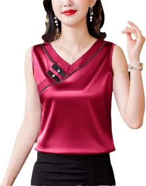 Women's Chinese Style Tank Top Spring Summer Silk Satin Vest V Neck Sleeveless Camisole