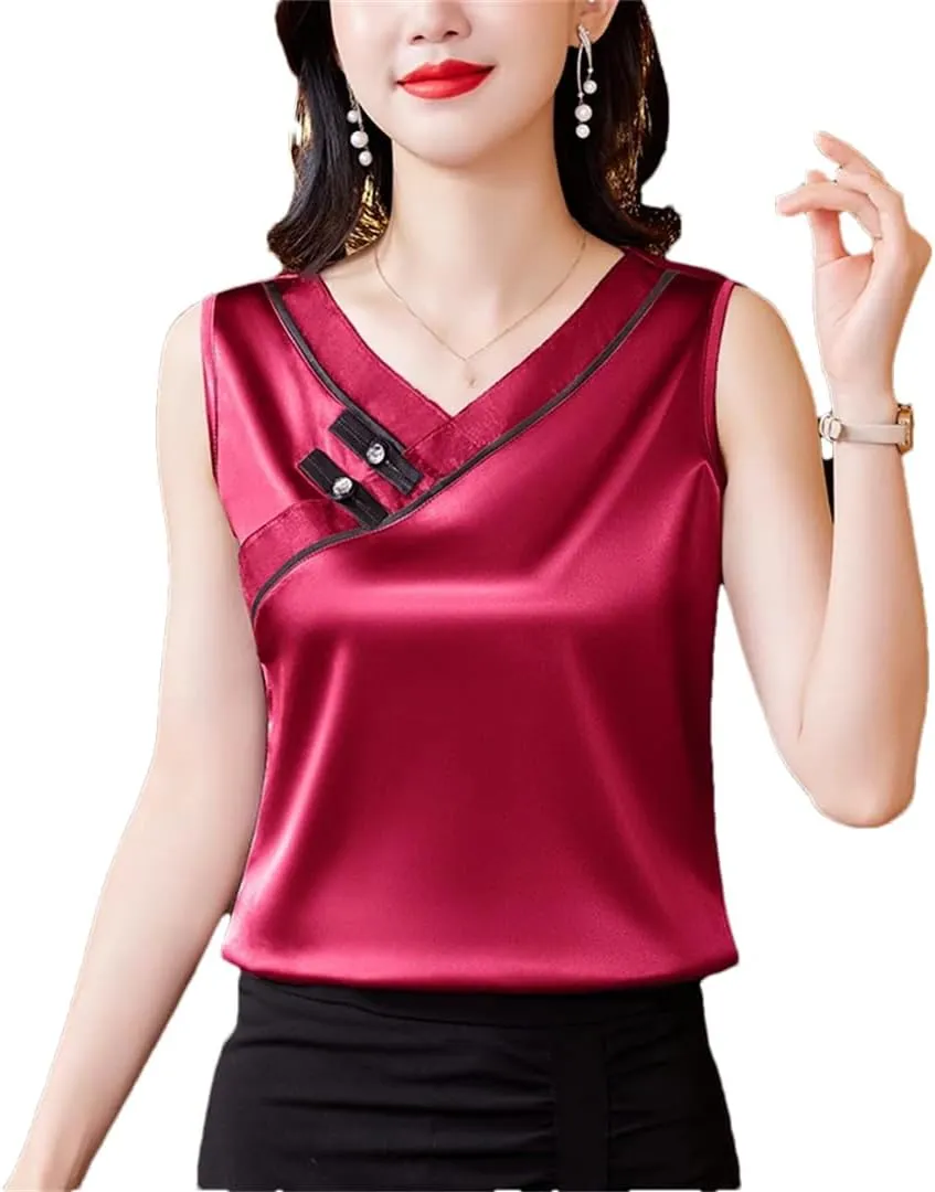 Women's Chinese Style Tank Top Spring Summer Silk Satin Vest V Neck Sleeveless Camisole
