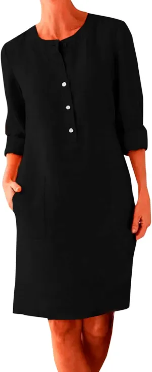 Womens Cotton Linen Dresses with Pockets Summer Beach Casual Button Down Shift Dress Long Sleeve Roll Up Sun Dress