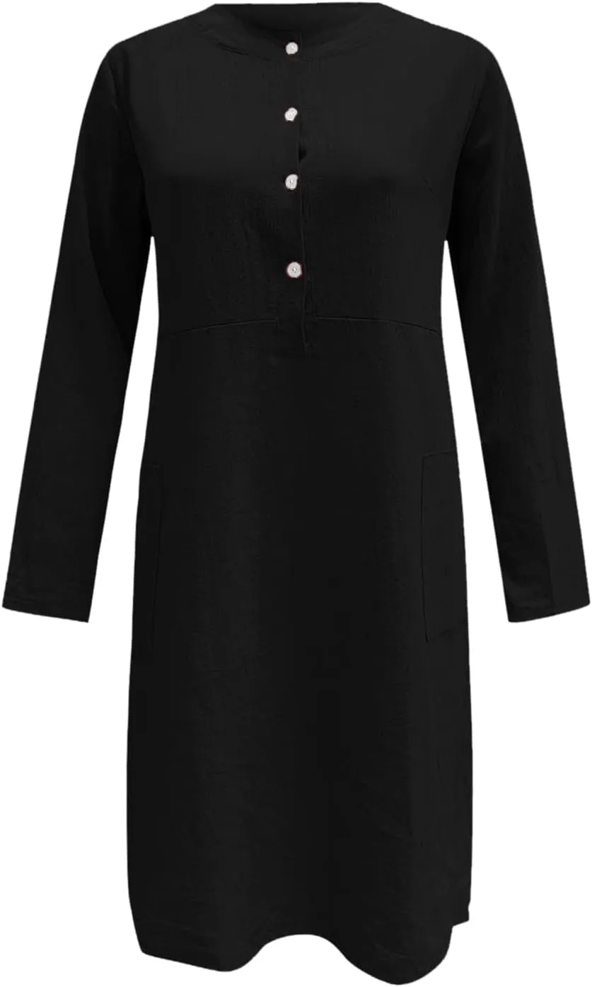 Womens Cotton Linen Dresses with Pockets Summer Beach Casual Button Down Shift Dress Long Sleeve Roll Up Sun Dress