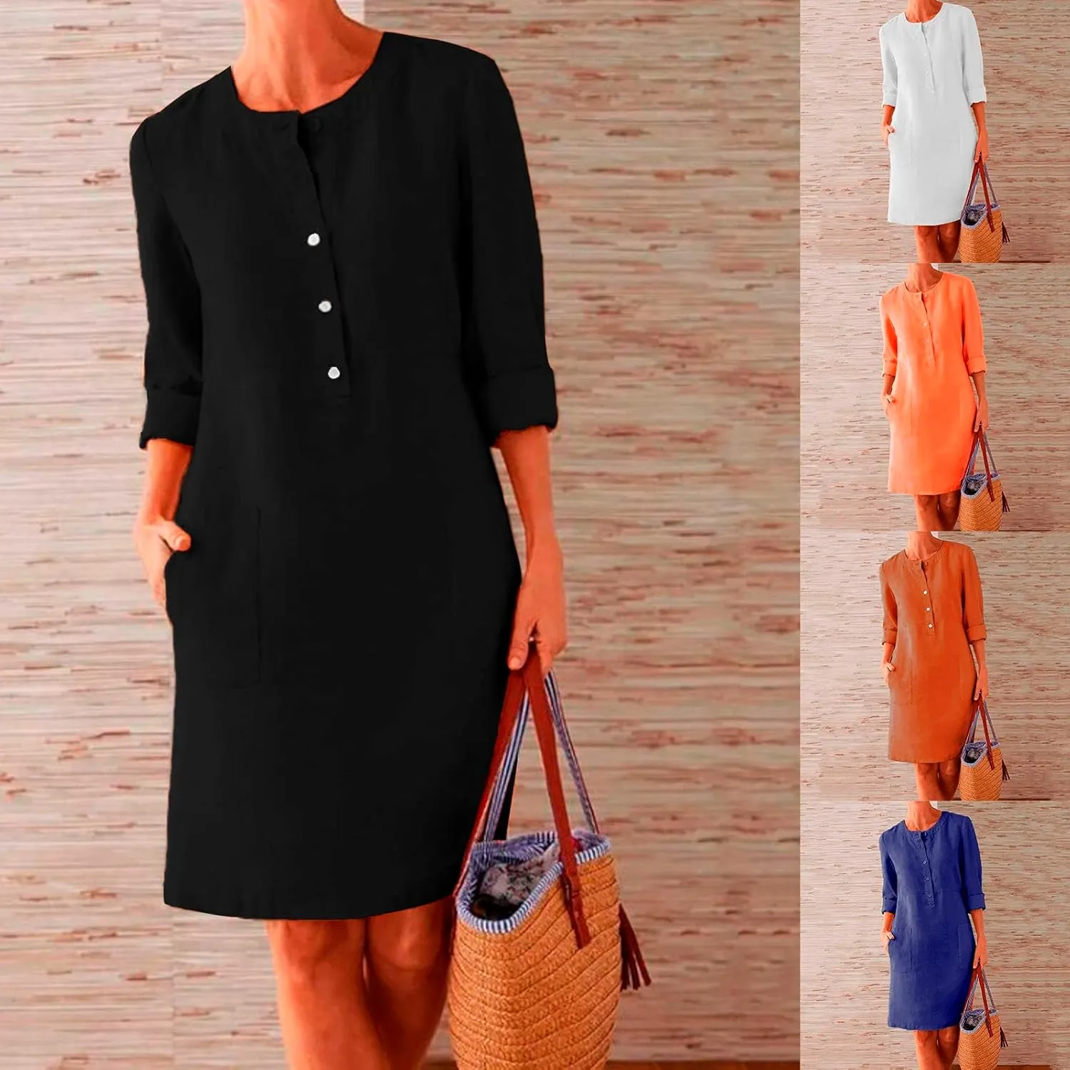 Womens Cotton Linen Dresses with Pockets Summer Beach Casual Button Down Shift Dress Long Sleeve Roll Up Sun Dress