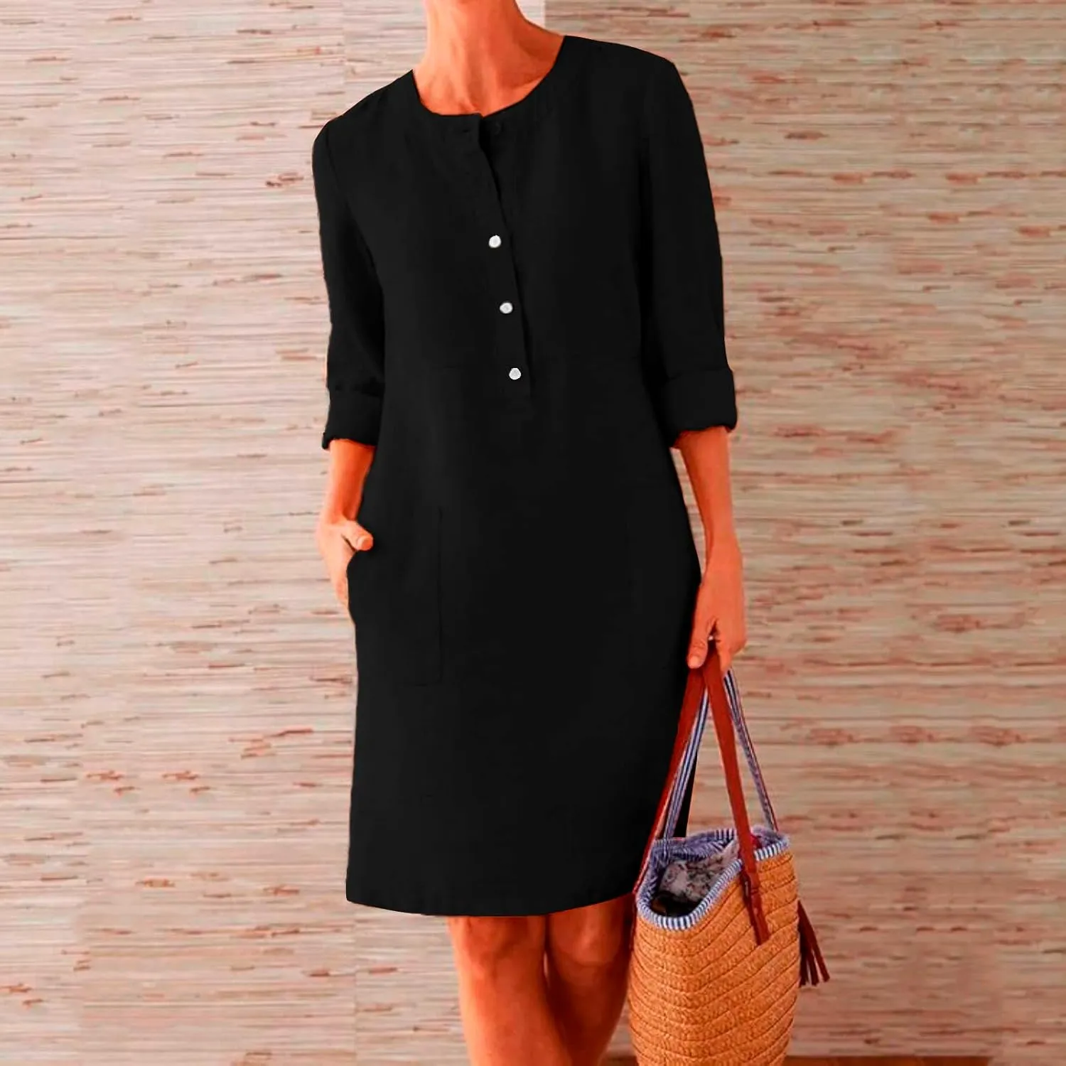 Womens Cotton Linen Dresses with Pockets Summer Beach Casual Button Down Shift Dress Long Sleeve Roll Up Sun Dress