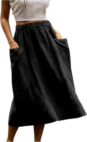 Women's Cotton Linen Skirts Casual Loose Fit Solid Color Elastic High Waisted Flare A-Line Midi Skirts with Pockets