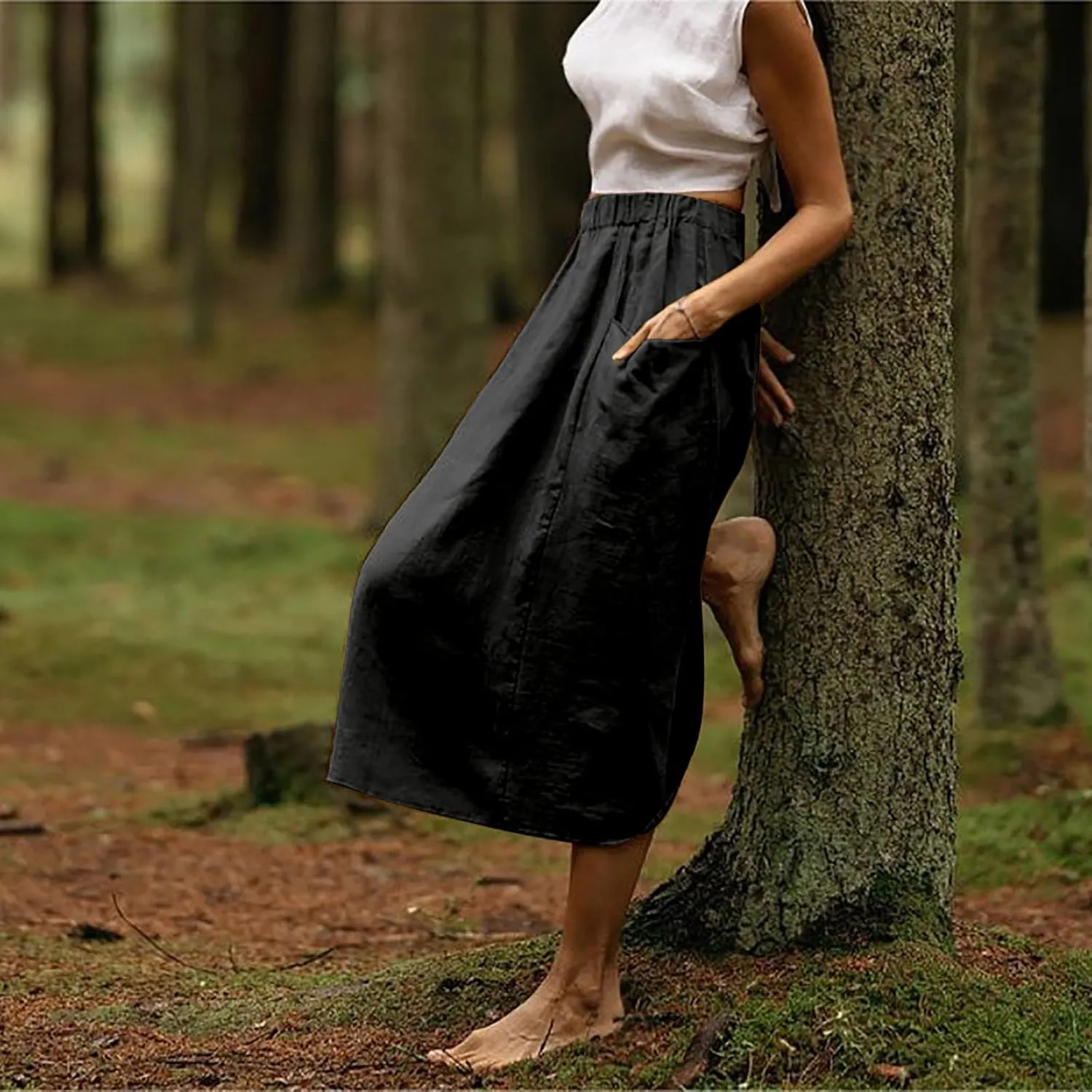 Women's Cotton Linen Skirts Casual Loose Fit Solid Color Elastic High Waisted Flare A-Line Midi Skirts with Pockets