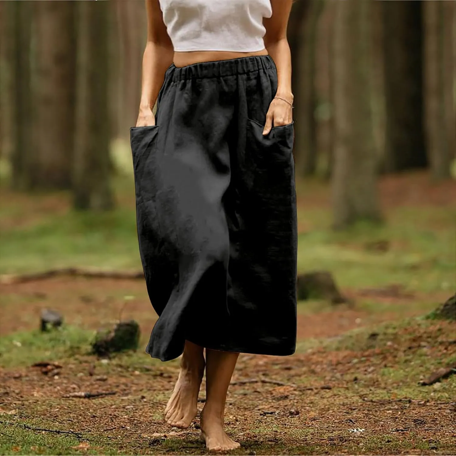 Women's Cotton Linen Skirts Casual Loose Fit Solid Color Elastic High Waisted Flare A-Line Midi Skirts with Pockets