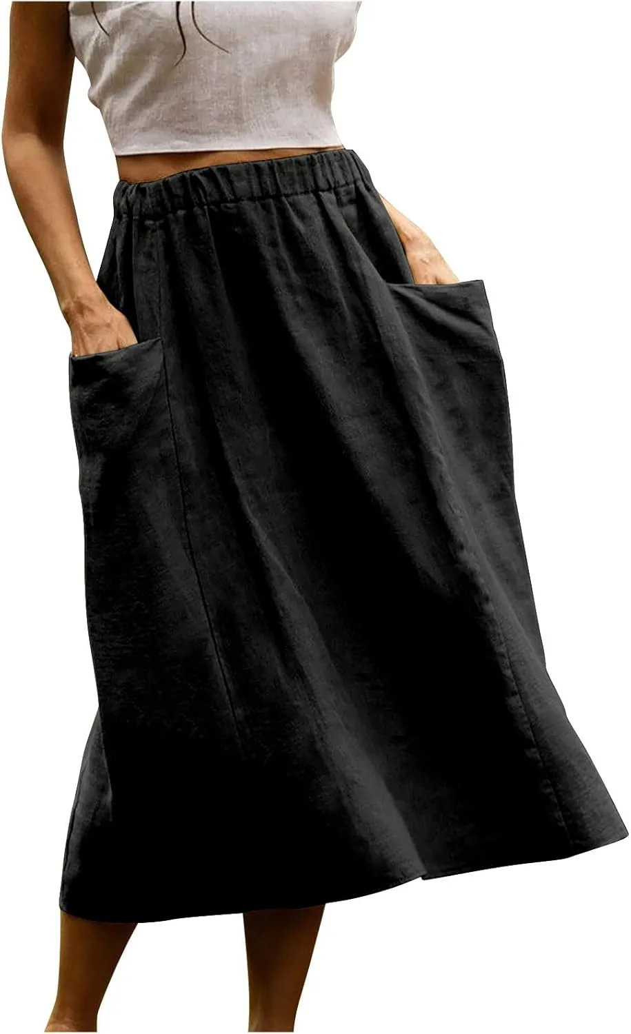 Women's Cotton Linen Skirts Casual Loose Fit Solid Color Elastic High Waisted Flare A-Line Midi Skirts with Pockets