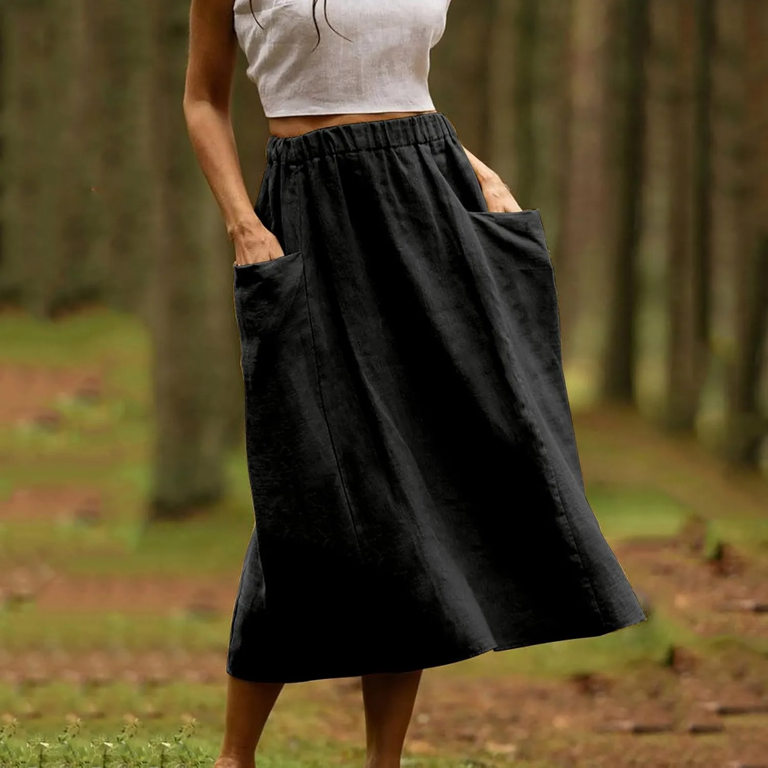 Women's Cotton Linen Skirts Casual Loose Fit Solid Color Elastic High Waisted Flare A-Line Midi Skirts with Pockets
