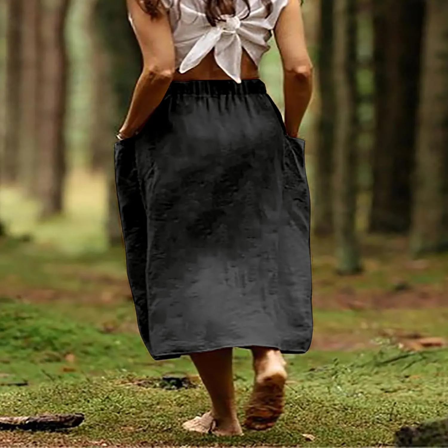 Women's Cotton Linen Skirts Casual Loose Fit Solid Color Elastic High Waisted Flare A-Line Midi Skirts with Pockets