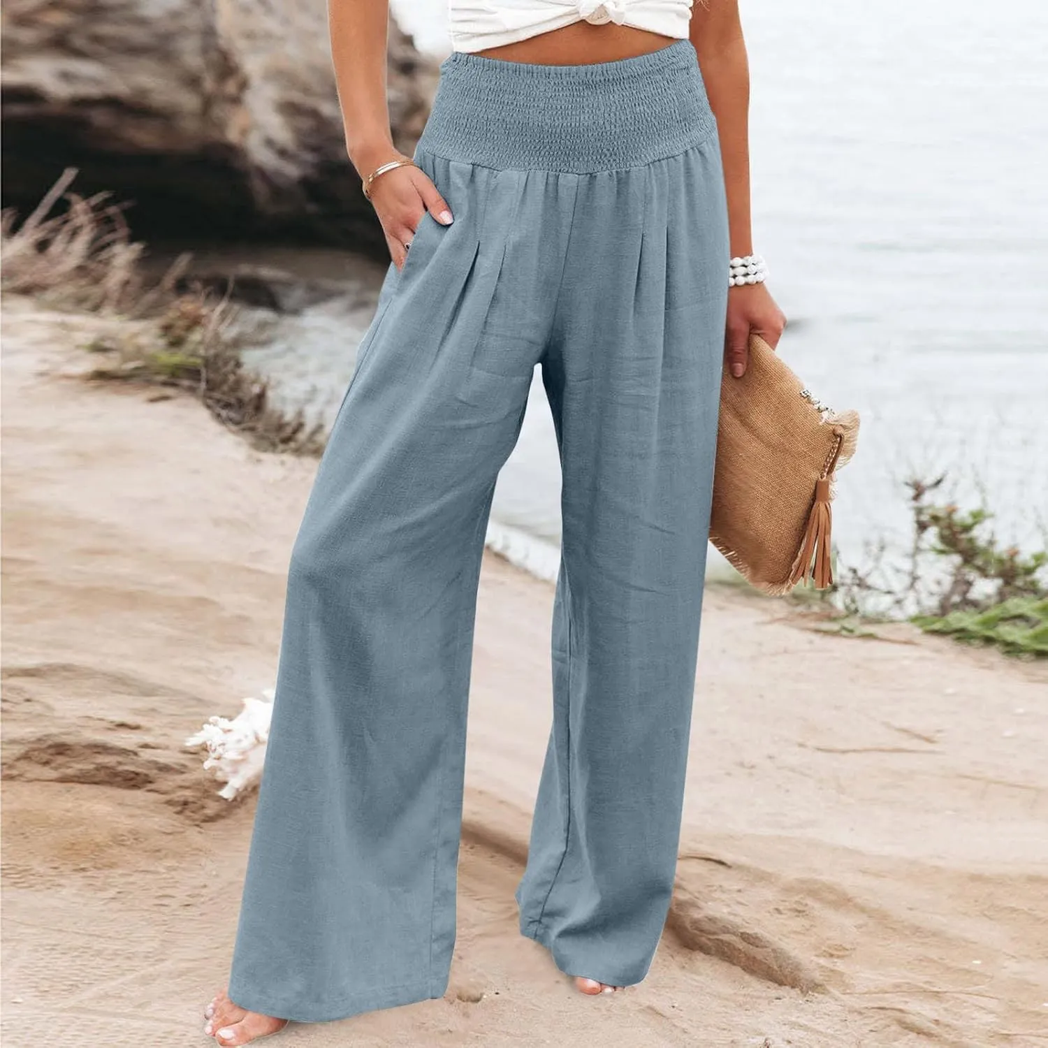 Womens Cotton Linen Wide Leg Pants Elastic High Waist Wide Leg Palazzo Pants