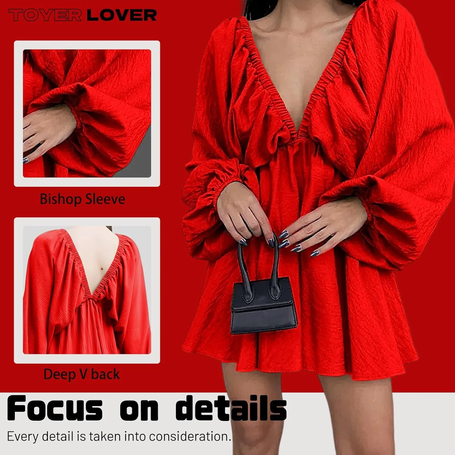 Women's Deep V-Neck Long Puff Sleeve Mini Dress - Sexy Backless Bodycon Dress Soft Flared Hem Dress Summer Spring