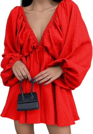 Women's Deep V-Neck Long Puff Sleeve Mini Dress - Sexy Backless Bodycon Dress Soft Flared Hem Dress Summer Spring