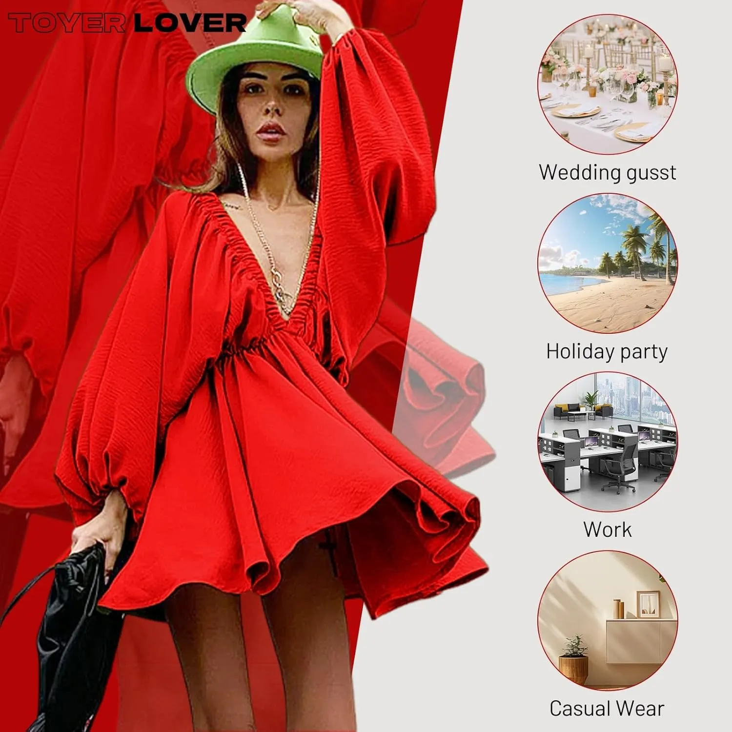 Women's Deep V-Neck Long Puff Sleeve Mini Dress - Sexy Backless Bodycon Dress Soft Flared Hem Dress Summer Spring