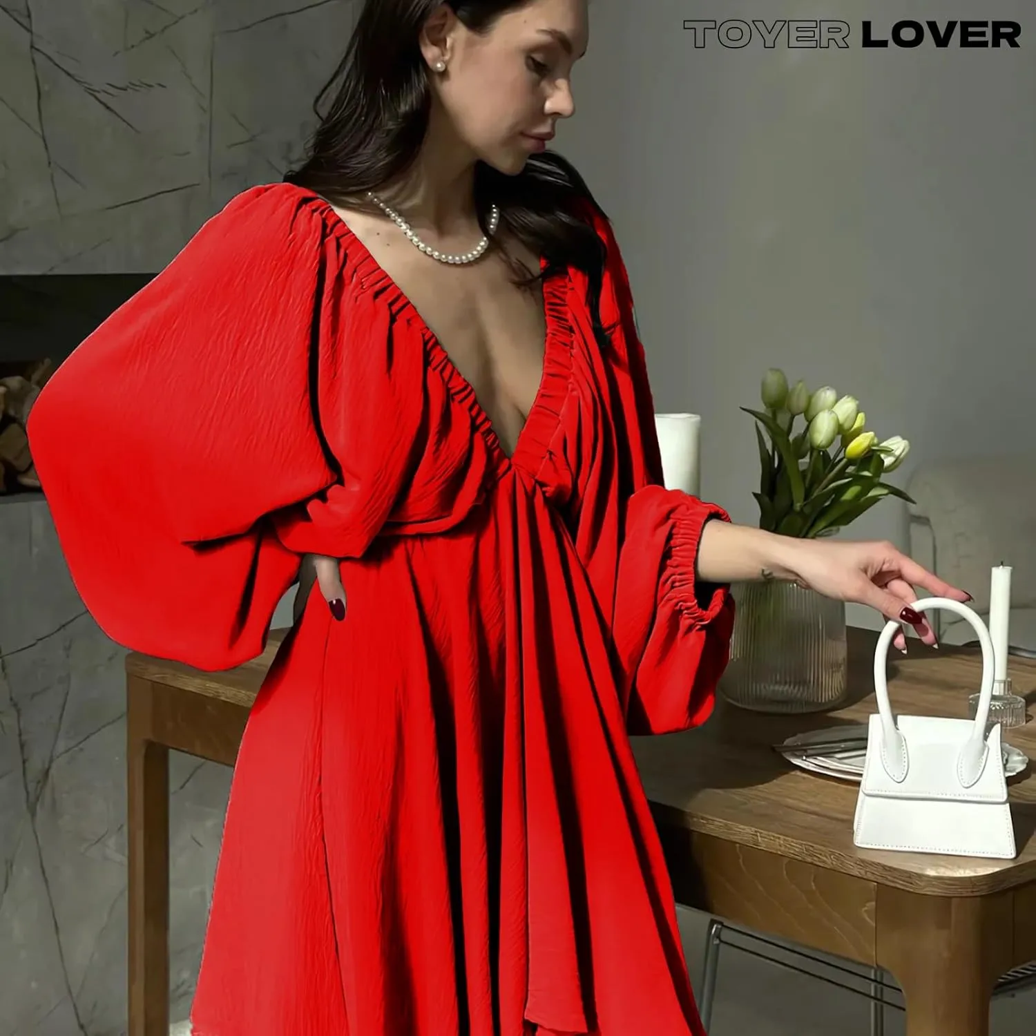 Women's Deep V-Neck Long Puff Sleeve Mini Dress - Sexy Backless Bodycon Dress Soft Flared Hem Dress Summer Spring