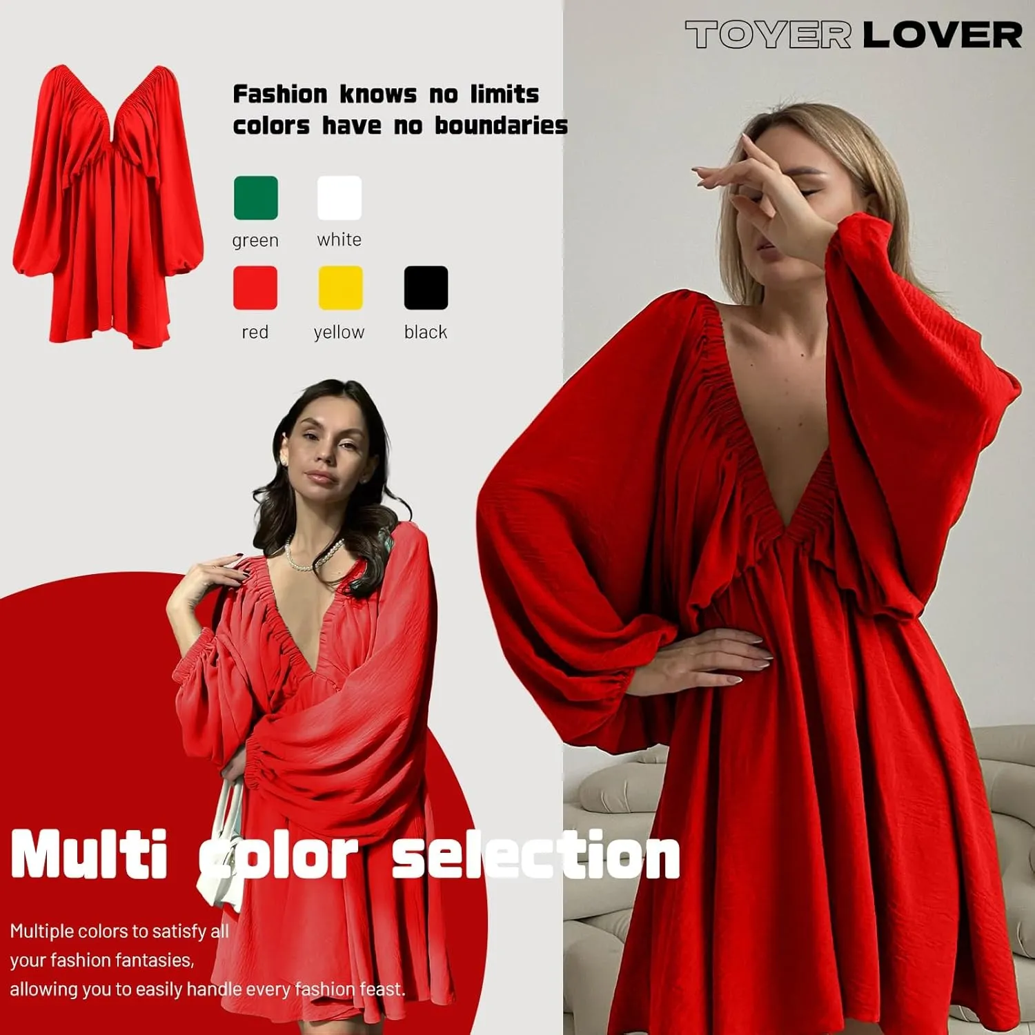 Women's Deep V-Neck Long Puff Sleeve Mini Dress - Sexy Backless Bodycon Dress Soft Flared Hem Dress Summer Spring