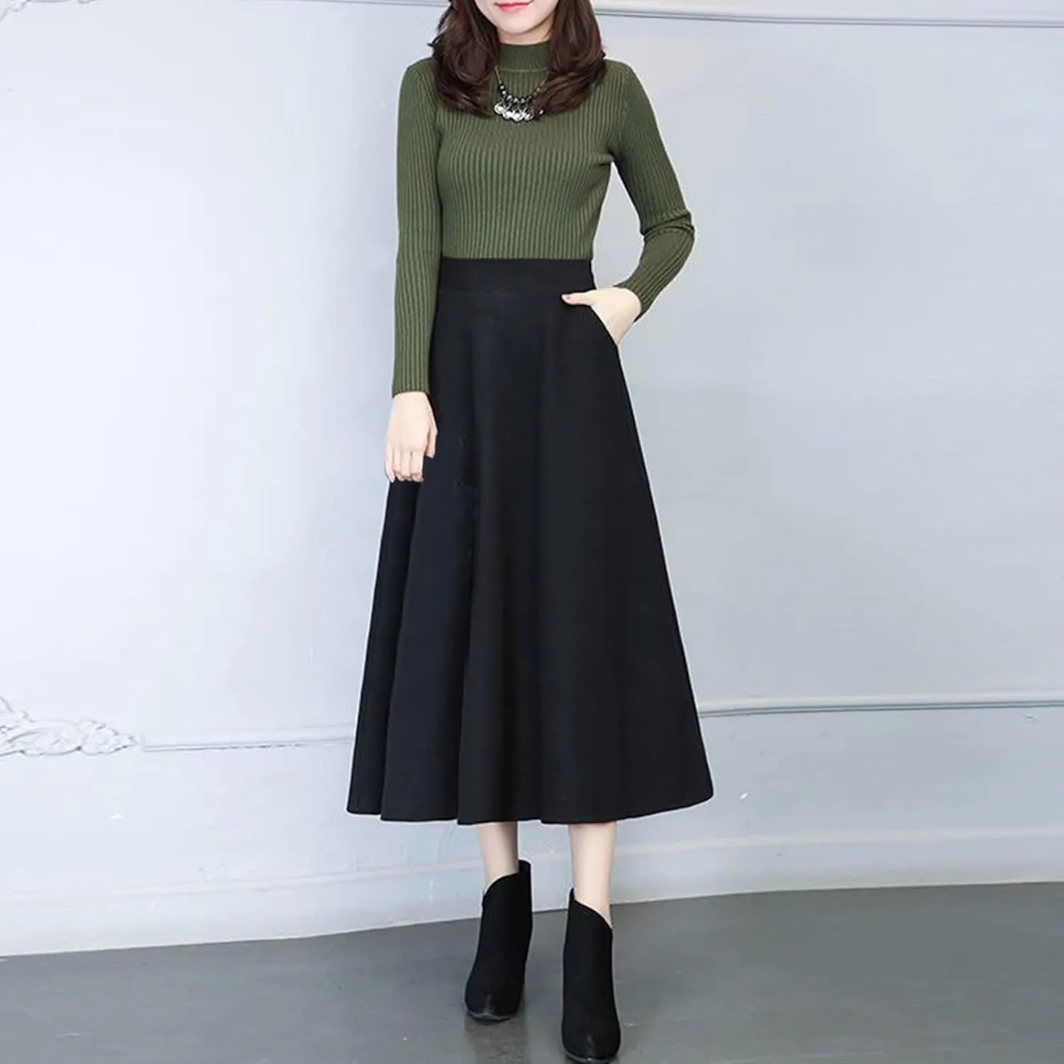 Women's Elastic High Waist Midi Knee Length Pencil Skirt for Women Pleated Cheer Skirt Spring Dresses Midi Skirts