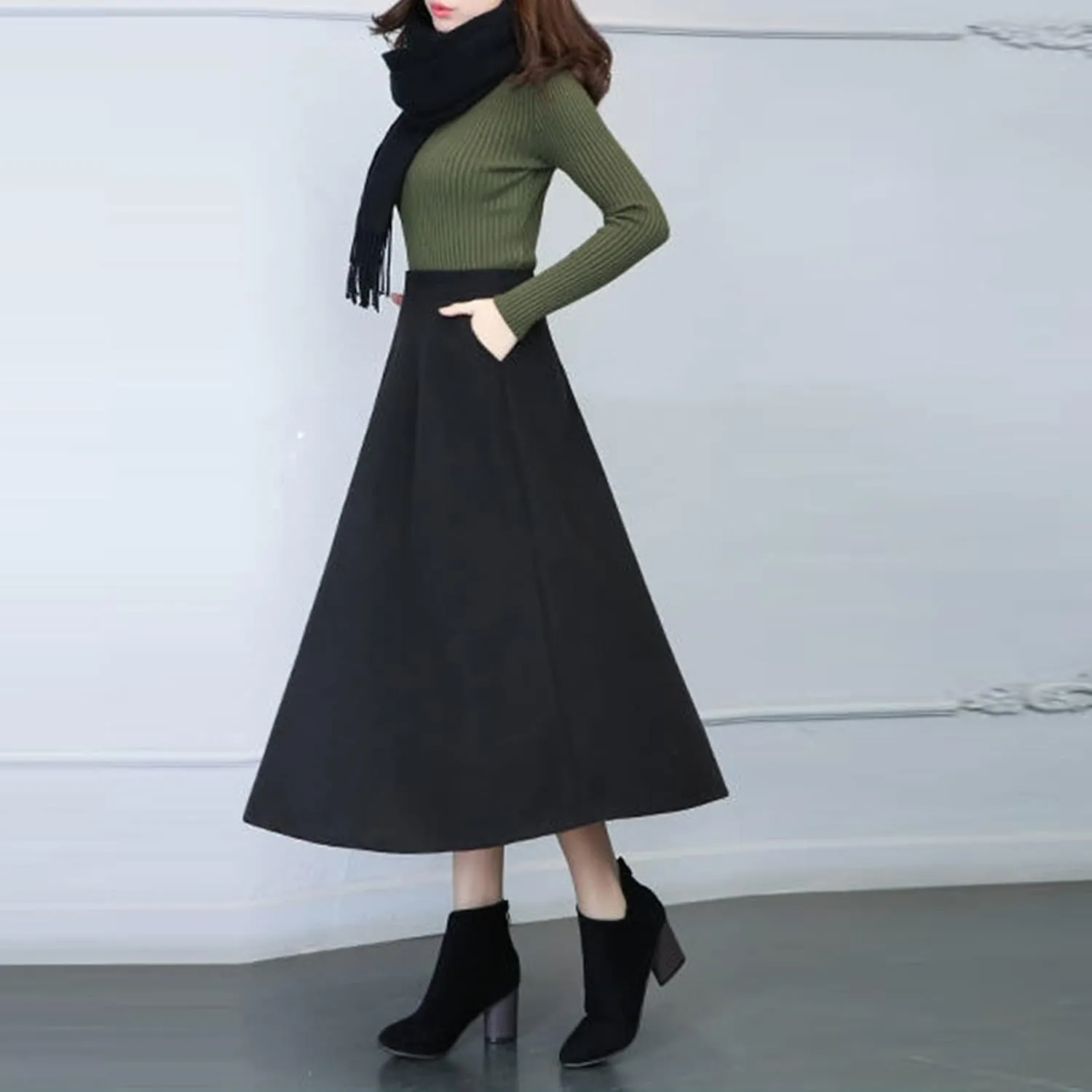 Women's Elastic High Waist Midi Knee Length Pencil Skirt for Women Pleated Cheer Skirt Spring Dresses Midi Skirts