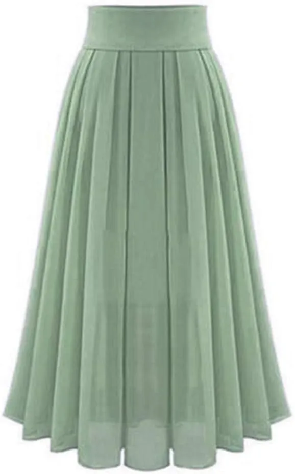 Womens Elastic High Waisted a Line Plain Midi Swing Pleated Skirts Shirring School Girl Uniform Long Skirt