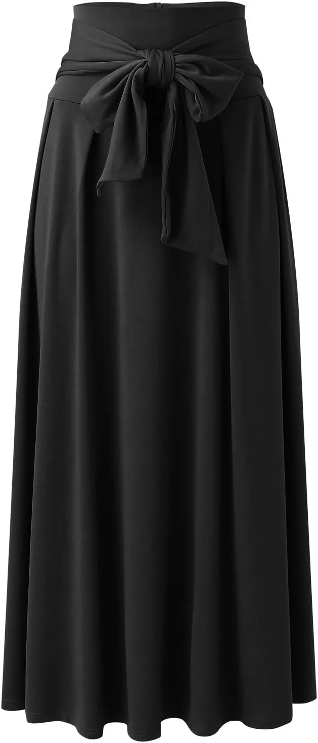 Women's Elegant High Waist Long Skirt Solid Color Lace Up Maxi Skirts Summer Casual Loose Pleated Skirt