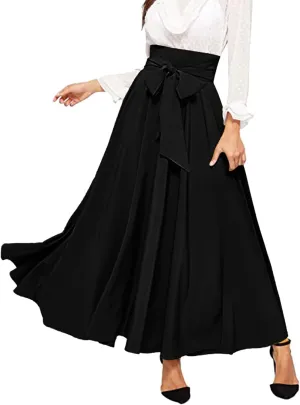 Women's Elegant High Waist Long Skirt Solid Color Lace Up Maxi Skirts Summer Casual Loose Pleated Skirt