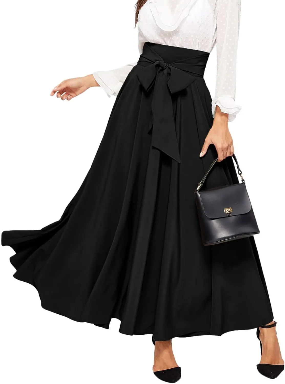Women's Elegant High Waist Long Skirt Solid Color Lace Up Maxi Skirts Summer Casual Loose Pleated Skirt