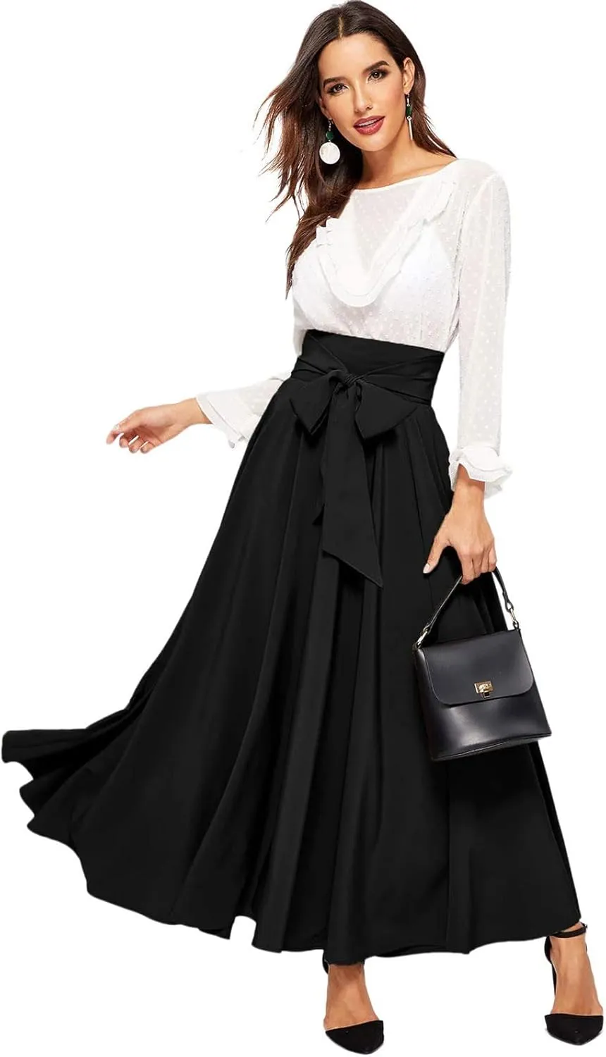 Women's Elegant High Waist Long Skirt Solid Color Lace Up Maxi Skirts Summer Casual Loose Pleated Skirt