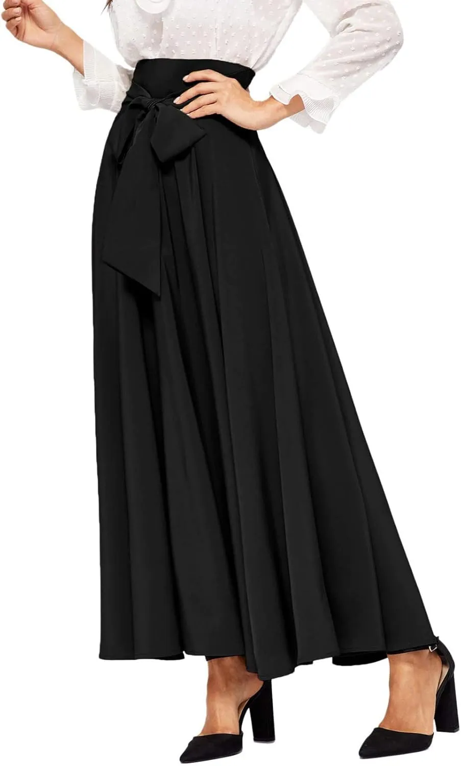 Women's Elegant High Waist Long Skirt Solid Color Lace Up Maxi Skirts Summer Casual Loose Pleated Skirt