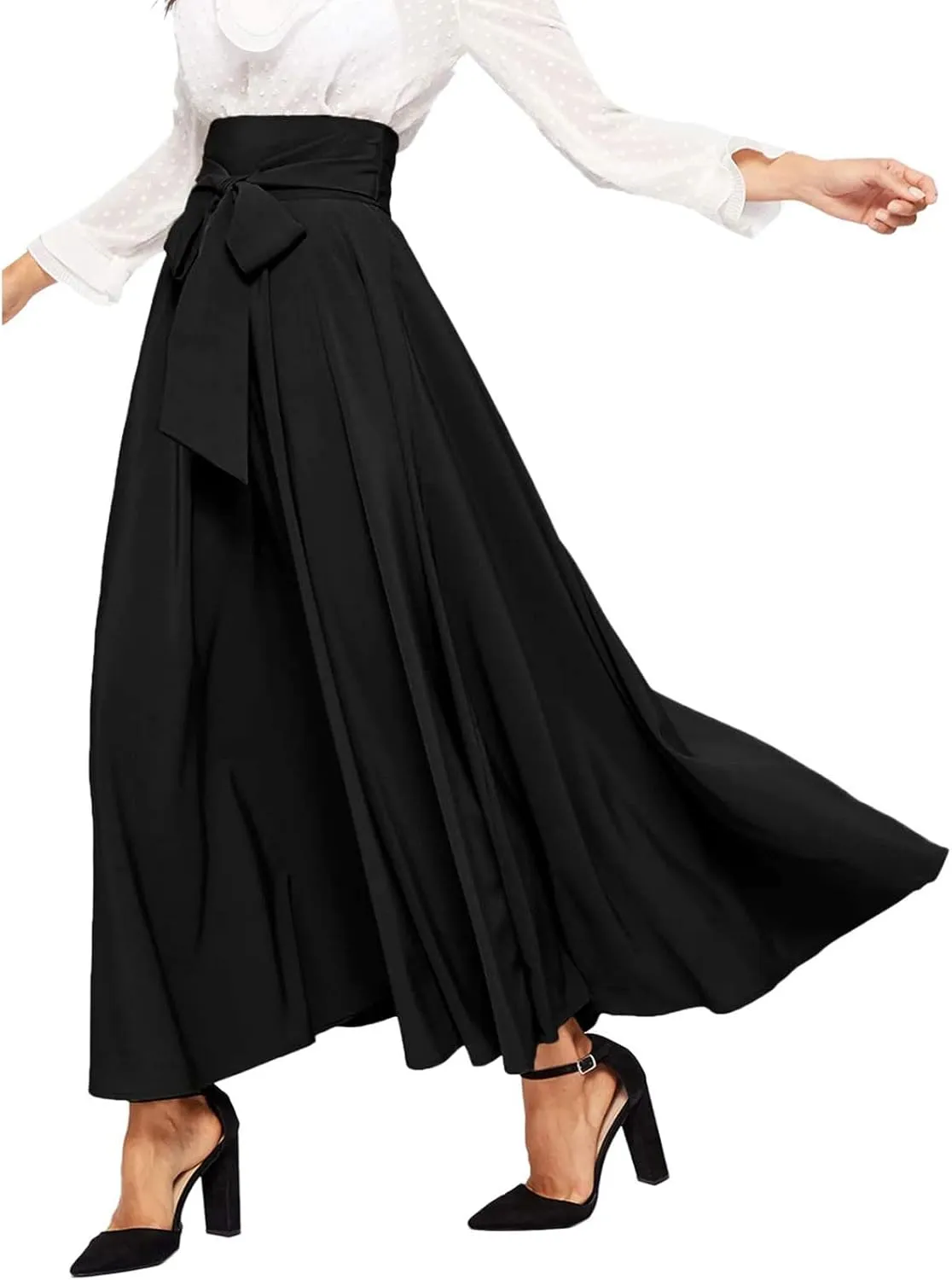 Women's Elegant High Waist Long Skirt Solid Color Lace Up Maxi Skirts Summer Casual Loose Pleated Skirt