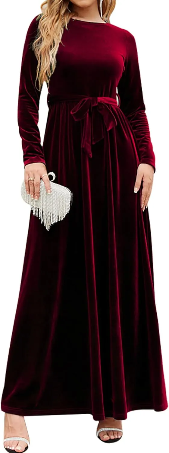 Women's Elegant Velvet Belted Pleated Long Sleeve Cocktail Party Formal Wedding Guest A-Line Maxi Long Dress