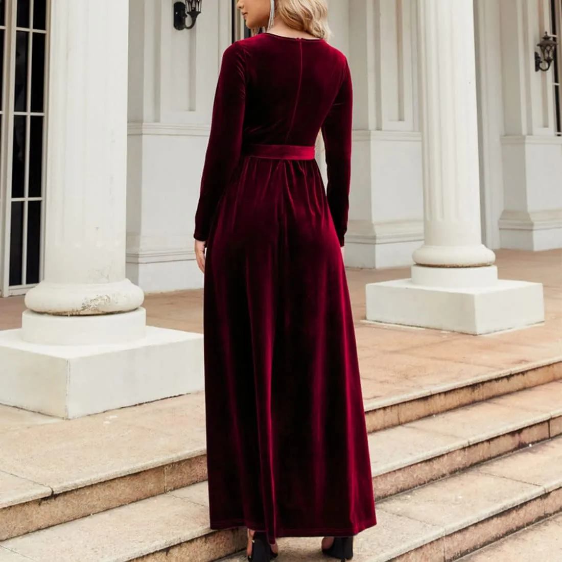 Women's Elegant Velvet Belted Pleated Long Sleeve Cocktail Party Formal Wedding Guest A-Line Maxi Long Dress