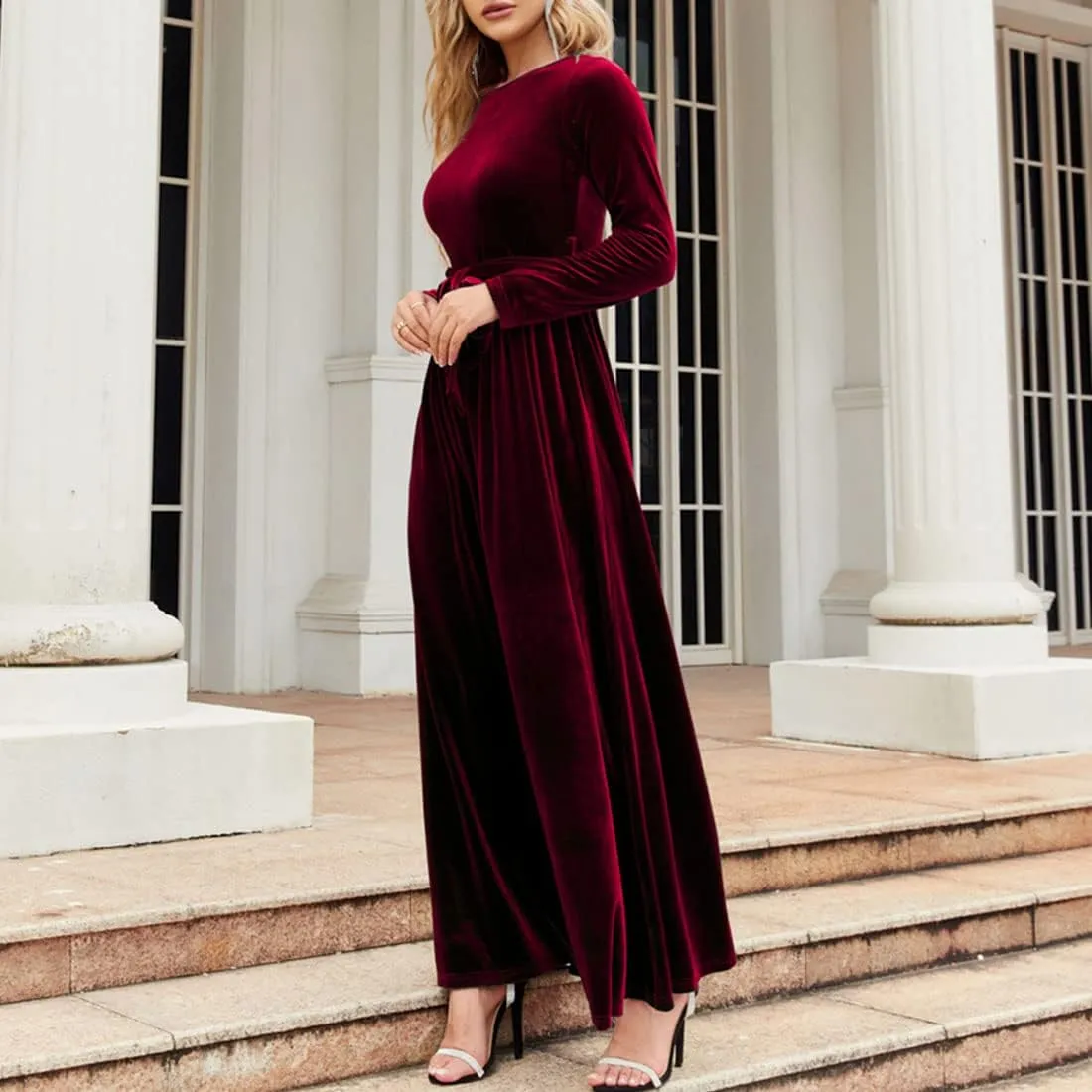 Women's Elegant Velvet Belted Pleated Long Sleeve Cocktail Party Formal Wedding Guest A-Line Maxi Long Dress