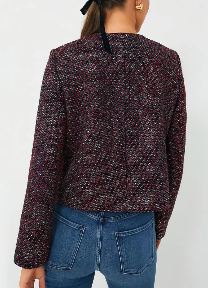 Women's Fall Casual Button Down Tweed Jacket Slim Fit Collarless Dressy Office Work Blazer Suit