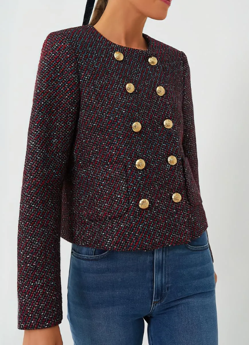 Women's Fall Casual Button Down Tweed Jacket Slim Fit Collarless Dressy Office Work Blazer Suit
