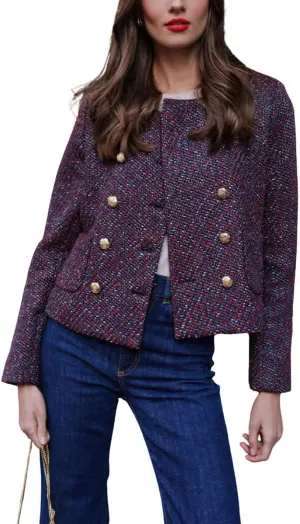 Women's Fall Casual Button Down Tweed Jacket Slim Fit Collarless Dressy Office Work Blazer Suit