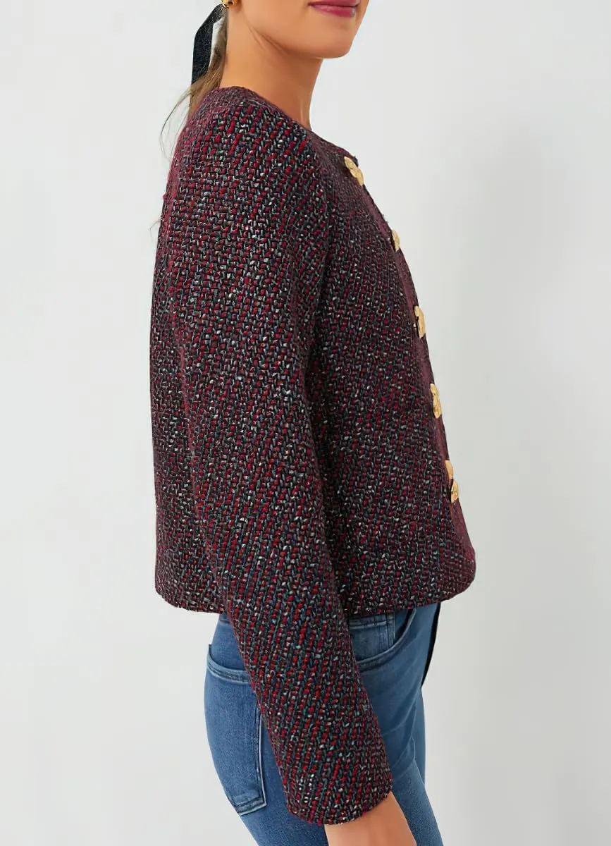 Women's Fall Casual Button Down Tweed Jacket Slim Fit Collarless Dressy Office Work Blazer Suit